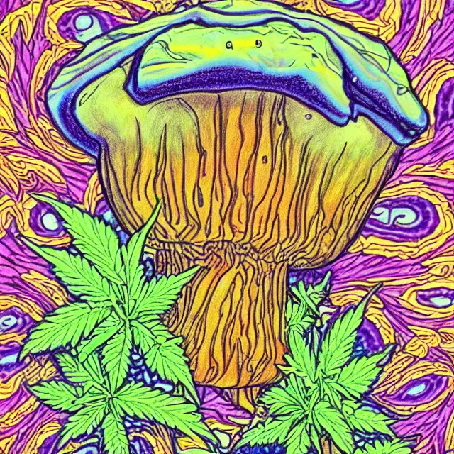 Prompt: trippy cannabis and mushroom fractals, colored pencil illustration