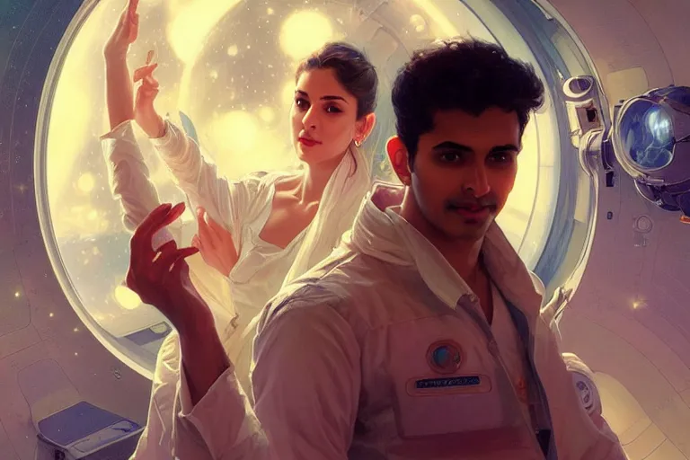 Image similar to Sensuous good looking pale young Indian doctors wearing jeans in a space station above Earth, portrait, elegant, intricate, digital painting, artstation, concept art, smooth, sharp focus, illustration, art by artgerm and greg rutkowski and alphonse mucha