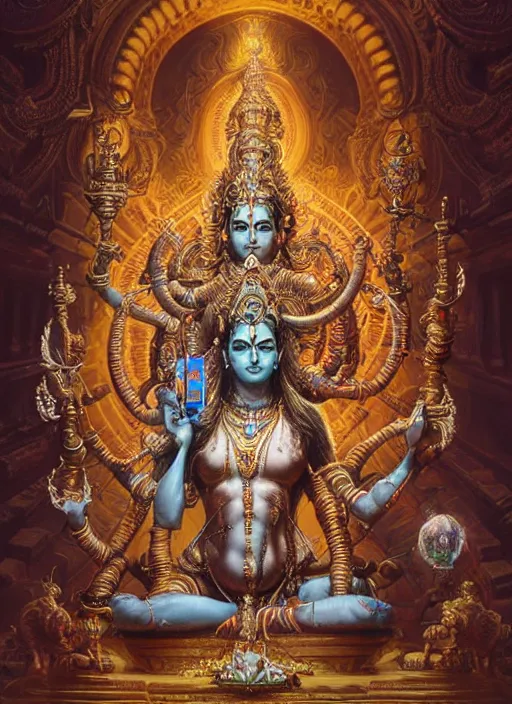 Image similar to cybertronic statue of shiva in a hindu temple, intricate, elegant, highly detailed, centered, digital painting, artstation, concept art, smooth, sharp focus, illustration, artgerm, tomasz alen kopera, peter mohrbacher, donato giancola, joseph christian leyendecker, wlop, boris vallejo.