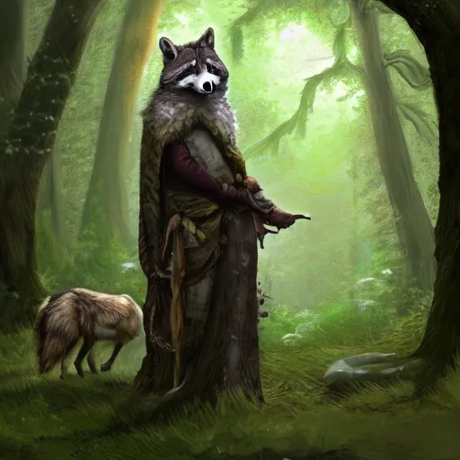 Image similar to a woodland druid in a forest with a wolf bird and racoon, photorealistic, in the style of greg rutkowski, digital painting