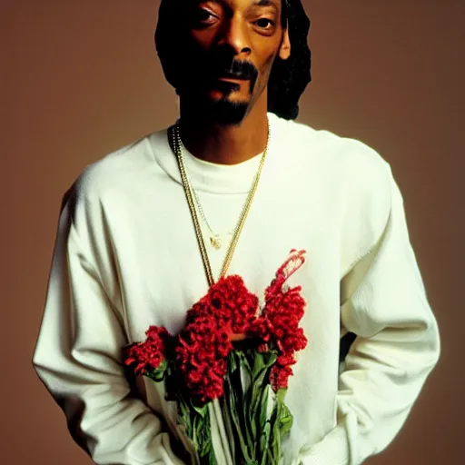 Prompt: Snoop Dogg holding a Vase of flowers for a 1990s sitcom tv show, Studio Photograph, portrait, C 12.0