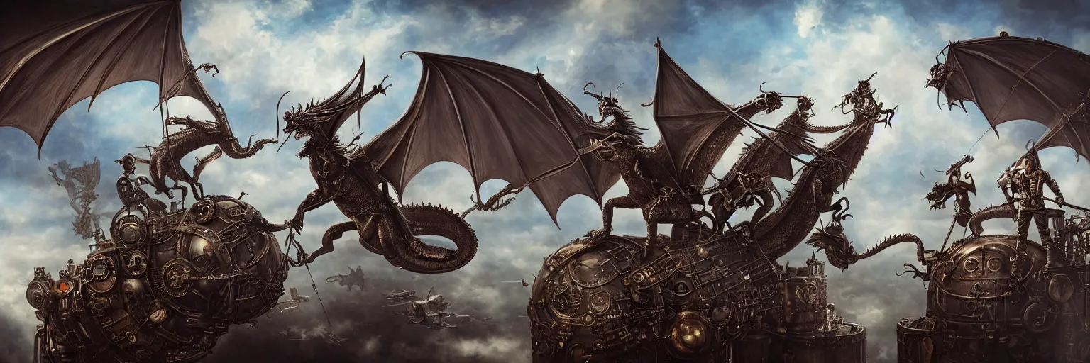 Prompt: dragon hunters on a flying steampunk airship, Exceptionally futuristic, Silver Link Studio, Visual Concepts, made of Teflon, marvel comics card portrait, extreme detail, real life perspective, Natural lighting