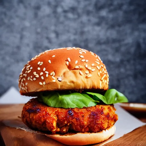 Prompt: a spicy crispy chicken burger, food photography, detailed, yum