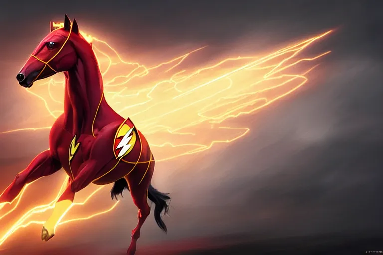 Image similar to a stunning digital painting of a horse as the flash in spandex costume, running in the speedforce by greg rutkowski, volumetric light, digital art, fine detail, photorealistic