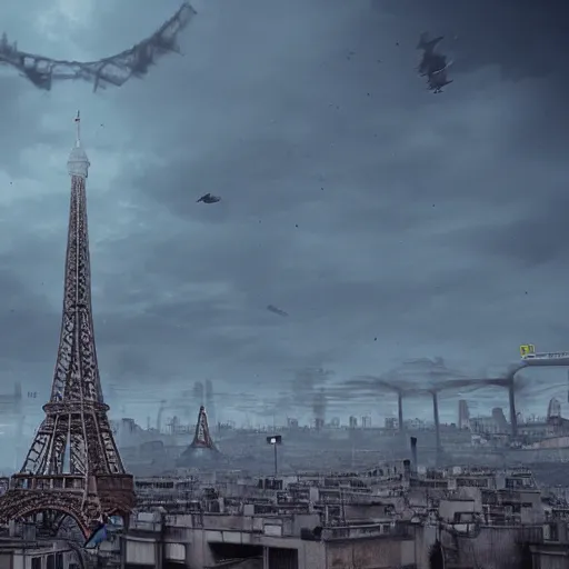 Image similar to post apocalyptic Paris with Eiffel tower, artstation, concept art, unreal engine, 8k, photorealistic