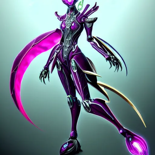 Image similar to highly detailed exquisite fanart, of a beautiful female warframe, but as an anthropomorphic elegant robot female dragoness, glowing eyes shiny, and smooth off-white plated armor, bright Fuchsia skin beneath the armor, sharp claws, robot dragon four fingered hands, and robot dragon three clawed feet, standing elegant pose, full body and head shot, epic cinematic shot, professional digital art, high end digital art, singular, realistic, DeviantArt, artstation, Furaffinity, 8k HD render, epic lighting, depth of field