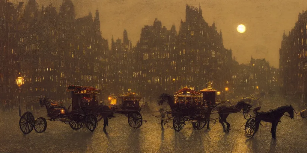 Image similar to Horse carriages, evening, detailed matte painting, cinematic, John Atkinson Grimshaw, Artstation