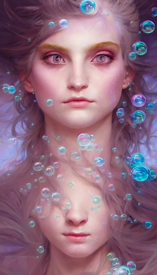 Image similar to portrait of a troll, dreamy and ethereal, (colour) eyes, peaceful expression, ornate frilly dress, fantasy, intricate, elegant, rainbow bubbles, highly detailed, digital painting, artstation, concept art, smooth, sharp focus, illustration, art by artgerm and greg rutkowski and alphonse mucha