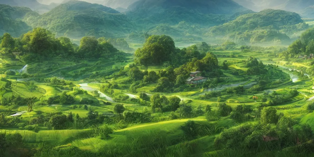 Image similar to a lush green valley with a clean meandering river, blue waters, crop fields, morning light, sun, beautiful, landscape view, village by the river, concept art, matte painting,