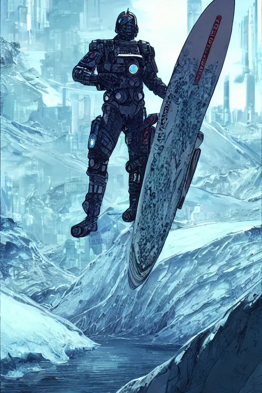 Prompt: comic book illustration, an android soldier surfs on a wave of large ice crystals, cyberpunk concept art by Moebius, highly detailed, intricate, sci-fi, sharp focus, Trending on Artstation HQ, deviantart