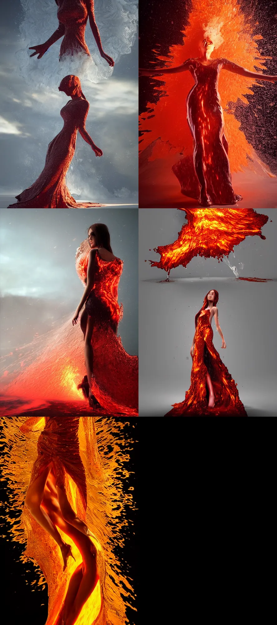 Prompt: a dress made of pyrotechnics, fluid dynamics, dripping magma, at sunset in winter, dramatic lighting, beautiful stunning, featured on artstation, cgsociety behance hd