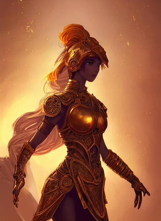 Prompt: portrait knights of zodiac girl, golden and copper shining armor, in ruined agora of athens sunrise, ssci - fi and fantasy, intricate and very very beautiful and elegant, highly detailed, digital painting, artstation, concept art, smooth and sharp focus, illustration, art by tian zi and ilya kuvshinov and wlop and z - - ed