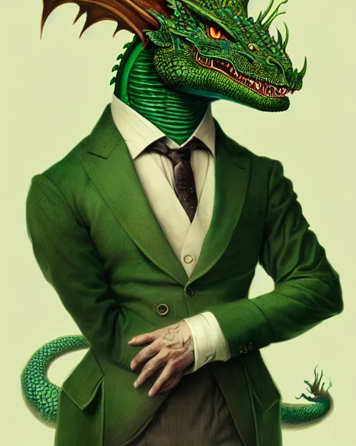 Image similar to anthropomorphic art of a businessman dragon, green dragon, portrait, victorian inspired clothing by artgerm, victo ngai, ryohei hase, artstation. fractal papers and books. highly detailed digital painting, smooth, global illumination, fantasy art by greg rutkowsky, karl spitzweg