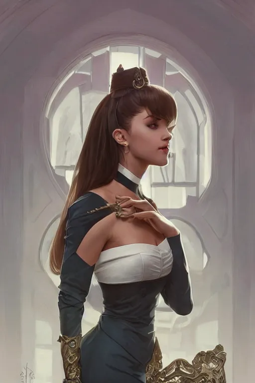 Prompt: evil cottagecore Ariana Grande , business chic attire, office setting, intricate, elegant, highly detailed, digital painting, artstation, concept art, smooth, sharp, focus, illustration, art by artgerm and greg rutkowski and alphonse mucha