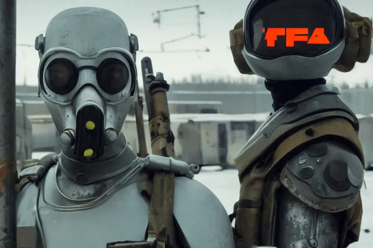 Image similar to vfx movie closeup real life gordon freeman holding wearing futuristic armor, half life logo on chest, crowbar in russian train yard, futuristic white swat team in gas masks approaching by emmanuel lubezki