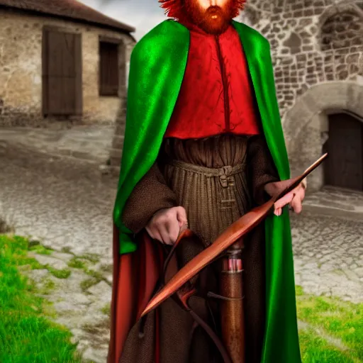 Prompt: man with fire - red hair, mischievous expression, bright green eyes, green cloak, holding a lute, small medieval village in the background, hyperrealism, digital art, 8 k