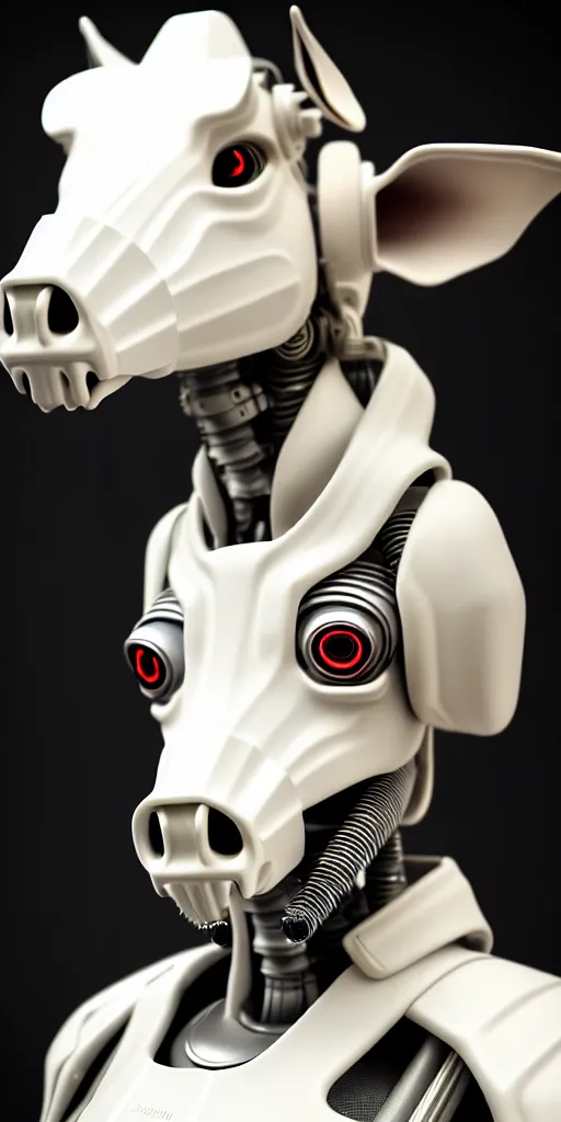 Prompt: hyper detailed ultra sharp portrait of a beautiful fashionable porcelain ivory cyberpunk scifi robo donkey with glowing eyes and steam coming out of the nostrils, up close shot, sharp focus, global illumination, radiant light, black haute couture, alexandre ferra, irakli nadar, octane render, 4 k, ultra hd,