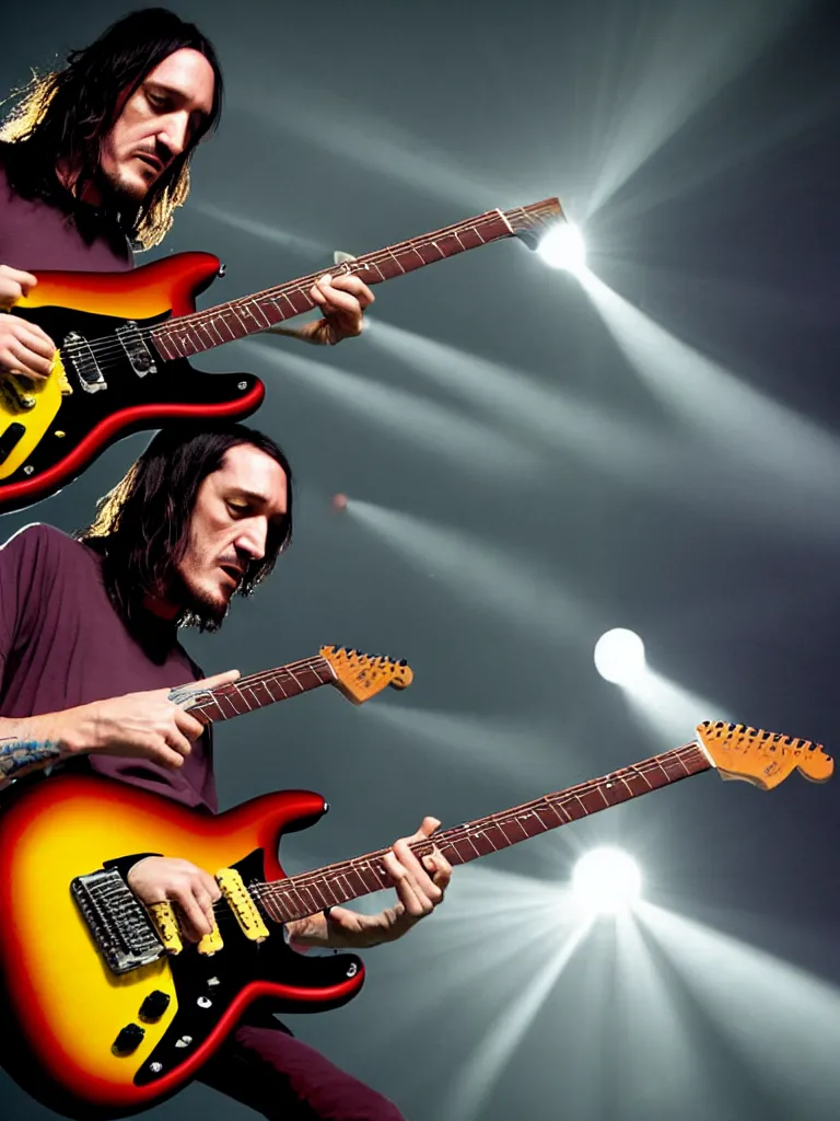 Prompt: John Frusciante playing a sunburst strat in the fourth dimension