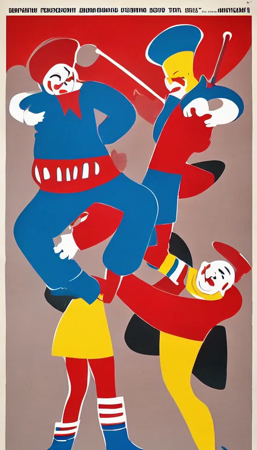 Image similar to a propaganda poster of a clown fight, soviet - era, 1 9 6 0 s, color palette, cold war, colors