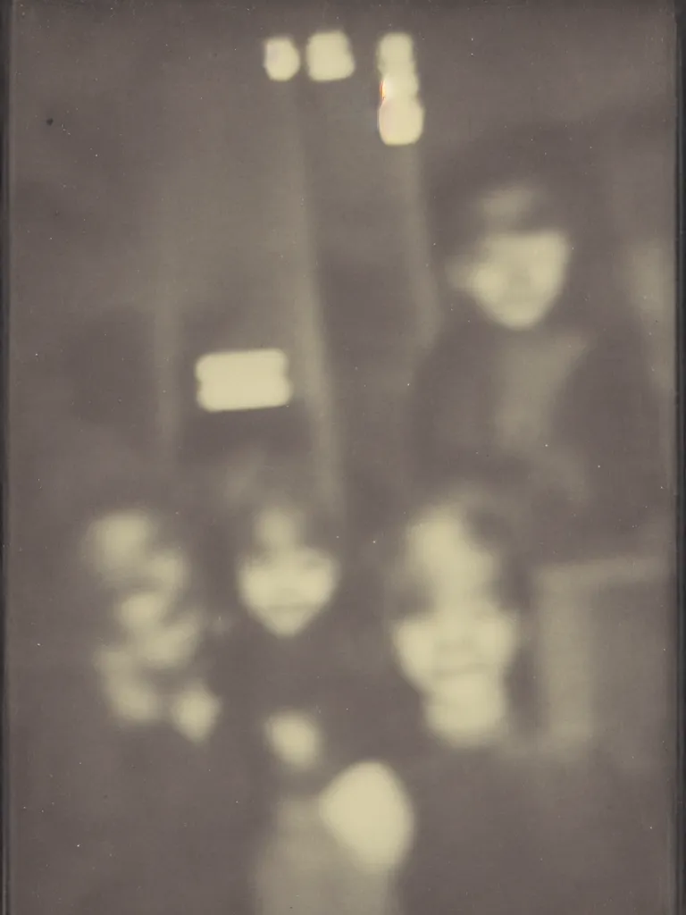 Image similar to two kids posing for a picture at night, small town, town square, dimly lit, faded polaroid