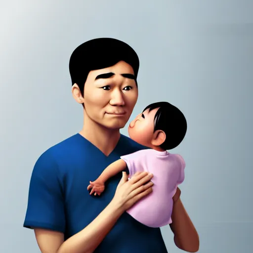 Image similar to asian man looks totally confused as he holds a black baby at the hospital, artistic render, pixar art, trending on artstation