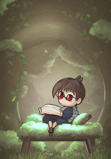 Image similar to beautiful little boy wearing sheep suit reading a book while sitting on chair, gray, blue, green and brown pallet color. made in abyss art style, inspired by kris from deltarrune, cute detailed artwork, anatomically correct, soft details, ilya kuvshinov, reflection, perfect composition, mobile wallpaper, illumination, helltaker, digital art, forest