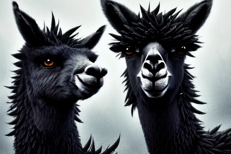 Image similar to highly detailed animal portrait of an emo alpaca, black eyeshadow, piercings, earrings, digital art made by makoto shinkai, lois van baarle, greg rutkowski and jakub rebelka, highly detailed, symmetrical, extremely coherent, smooth, shaped focus, dystopian gray forest background, skull