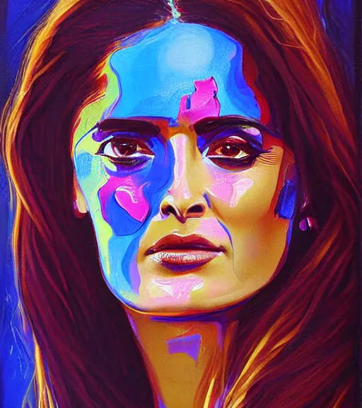 Prompt: beautiful painting of salma hayek by dariusz zawadski, contemporary, creepy, colorful acrylic, wlop