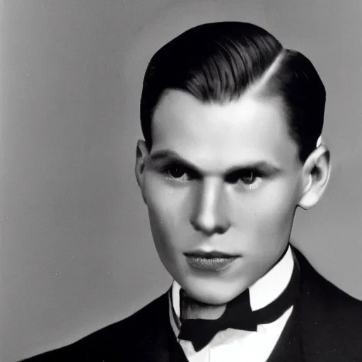 Image similar to A photograph portrait of Jerma985 wearing a suit with short slicked hair in the early 1930s, taken in the early 1930s, grainy, taken on a early 1930s Kodak Camera, realistic, hyperrealistic, very realistic, highly detailed, very detailed, extremely detailed, detailed, digital art, trending on artstation