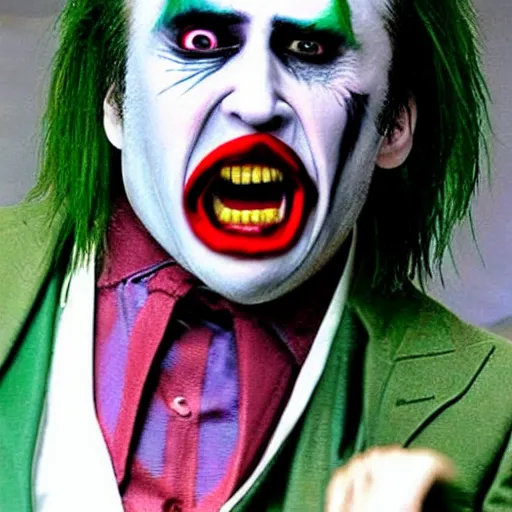 Prompt: funny face pulling competition winning funny face photo of nicolas cage as the joker from batman, pulling the move'derp banshee ', hilarious face pulling competition winner, extreme face contortion