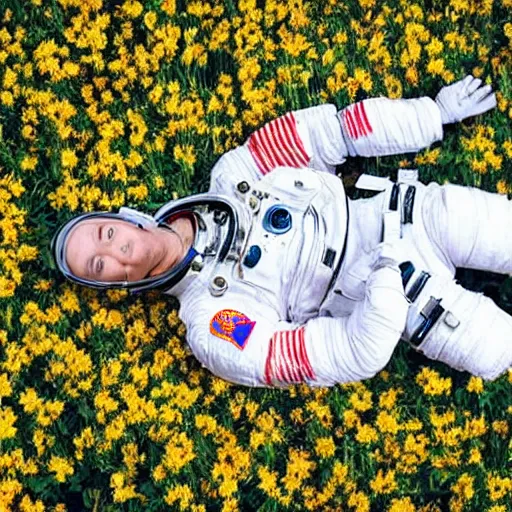 Image similar to an astronaut lying in field of flowers.