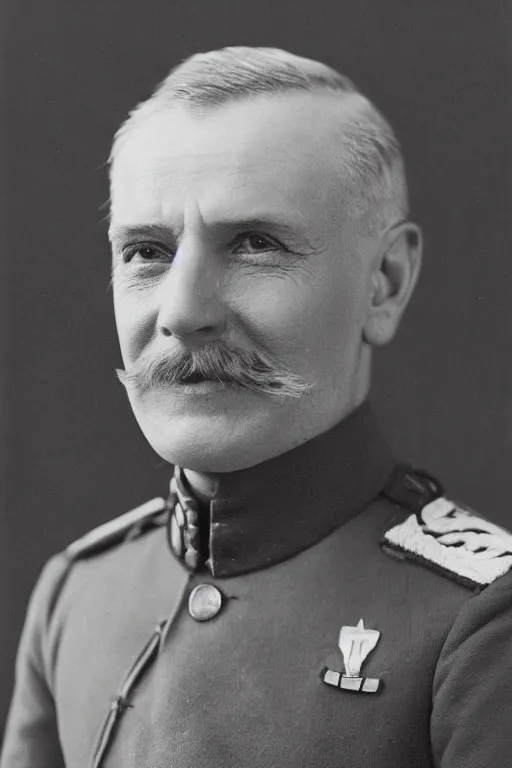 Image similar to official Portrait of a smiling WWI admiral, male, cheerful, happy, detailed face, 20th century, highly detailed, cinematic lighting, photograph, black and white