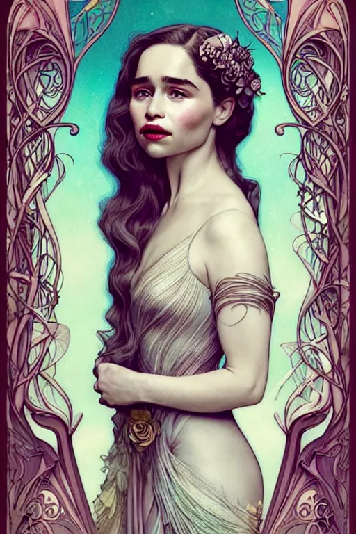 Prompt: new art nouveau closeup portrait of fantasy flower vargas princess seductive emilia clarke wearing a royal dress in an magic forest, anna dittmann, smooth skin, patrick nagle!!!, glamorous pose, charlie bowater and loish. long windblown blonde hair, ultrasharp focus, dramatic lighting, rose arches, octane, matte painting, intricate, d & d, poster