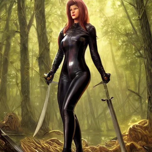 Image similar to painting of a female wearing a skintight leather jacket holding a sword in a forest, large thighs, perfect face, comic book art, beautiful! coherent!, intricate, elegant, highly detailed, digital painting, artstation, smooth, sharp focus, illustration, art by artgerm and greg rutkowski and alphonse mucha, 8 k