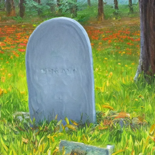 Prompt: beautiful oil painting of a single tombstone in a forest, beautiful sunny day