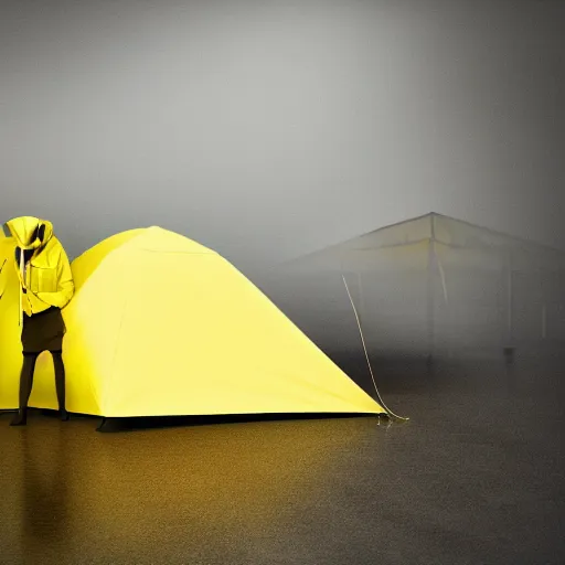 Image similar to photo studio with foggy background. yellow tent on floor. fisherman in balenciaga cloth, plastic bag and black mask. photorealistic high resolution, redshift render, 8 k