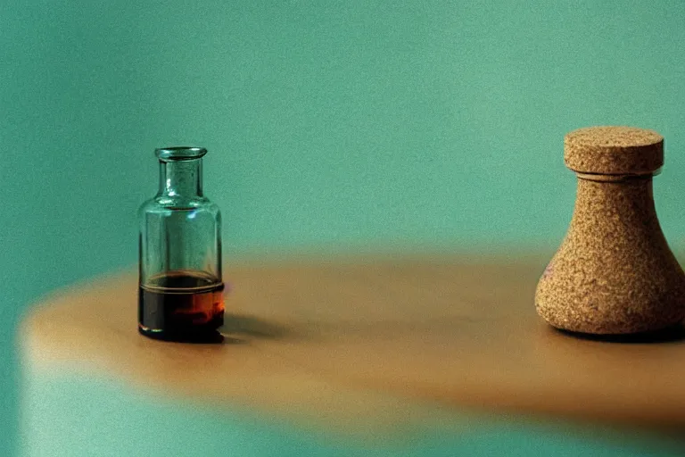 Image similar to small potion with a cork top filled with a green and turquoise gradient liquid, on a desk, old film photo