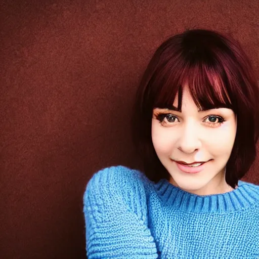 Prompt: beautiful woman with short blue hair, big brown eyes, wearing a brown sweater