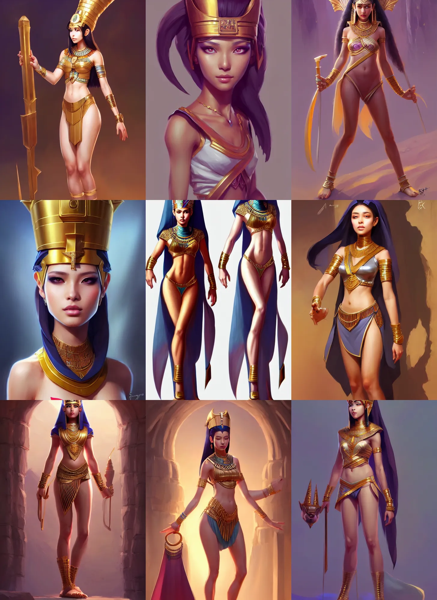 Prompt: full body character concept art of a gorgeous young female pharaoh | | cute - fine - face, pretty face, realistic shaded perfect face, fine details by stanley artgerm lau, wlop, rossdraws, james jean, andrei riabovitchev, marc simonetti, and sakimichan, seoul, south korea, trending on artstation