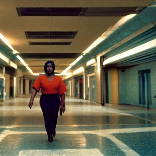 Prompt: cinematic shot of octavia spencer being chased through an abandoned mall, iconic scene from the paranoid thriller sci fi film directed by stanley kubrick, cyberpunk, anamorphic lenses, moody cinematography, beautiful composition, color theory, leading lines, photorealistic, moody volumetric lighting, 4 k detailed image
