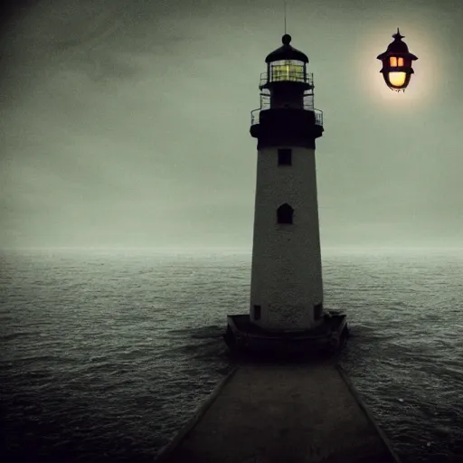 Prompt: lighthouse in the middle of the ocean, covered in silent hill style sigils, horror, person standing with a lantern centered in the foreground, spooky, scary