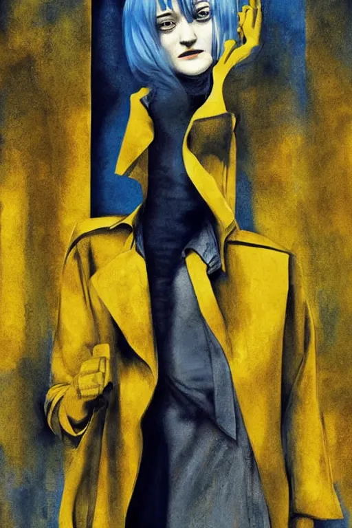 Prompt: Dakota Fanning with short blue hair wearing a yellow trenchcoat by Dave McKean