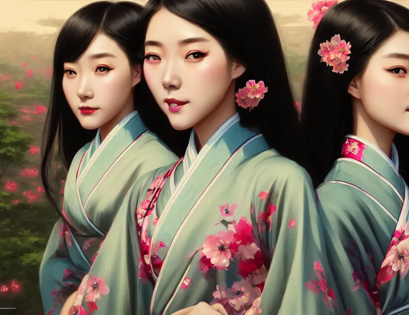 Image similar to two beautiful fashion taiwan girl wear elegant yukata in festival | | big eyes, summer night, realistic shaded, smile, good looking, fine details, 4 k realistic, cryengine, realistic shaded lighting poster by greg rutkowski, magali villeneuve, artgerm, jeremy lipkin and michael garmash and rob rey