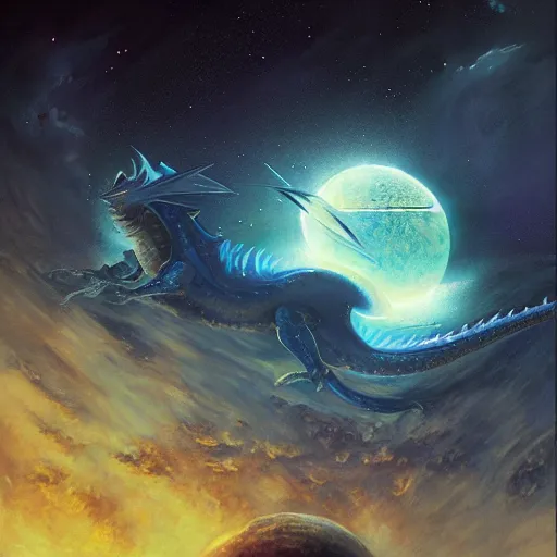 Image similar to Blue scaled dragon devouring an earth like planet in space, sun system, nebula, oil painting, by Fernanda Suarez and Edgar Maxence and Greg Rutkowski