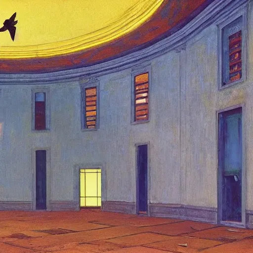 Image similar to a battle if crows in an abandoned building, hyperrealistic film still by edward hopper, by gottfried helnwein, by klimt, by paolo uccello, art nouveau, highly detailed, strong lights, liminal, eerie, metaphysical, bright pastel colors