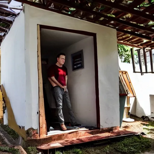 Image similar to elon musk living for rent in a 1 7 square meter house in colombia in unbearable heat, very realistic, ultra detailed, photorealistic