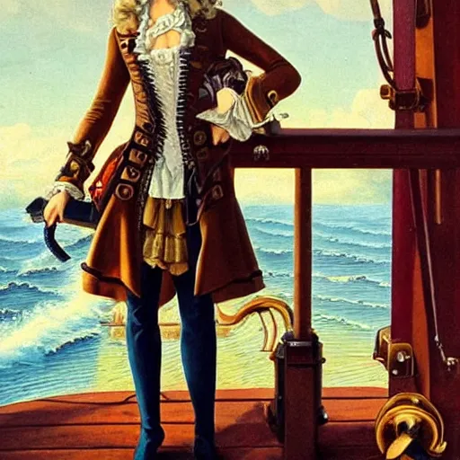 Image similar to a beautiful, friendly, calm, blonde, well - dressed, steampunk, covered, armed, pirate captain, standing on the deck of her ship gazing at the horizon in 1 7 3 0, detailed award - winning time - less painting