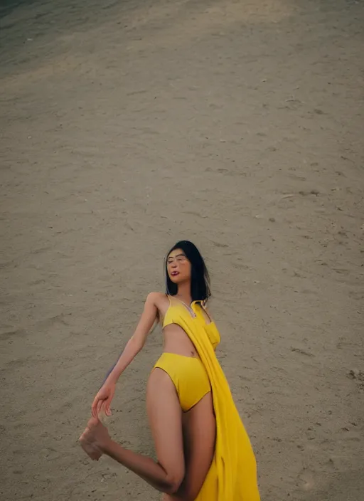 Image similar to a woman posing, brown hair, yellow skin, wearing a bikini, backlit, photo by Marat Safin, Canon EOS R3, f/1.4, ISO 200, 1/160s, 8K, RAW, unedited, symmetrical balance, in-frame