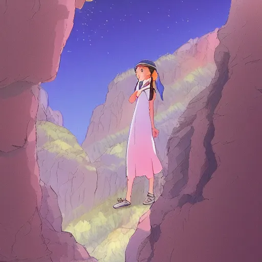 Prompt: Beautiful girl exploring a valley in Ghibli Studio style
