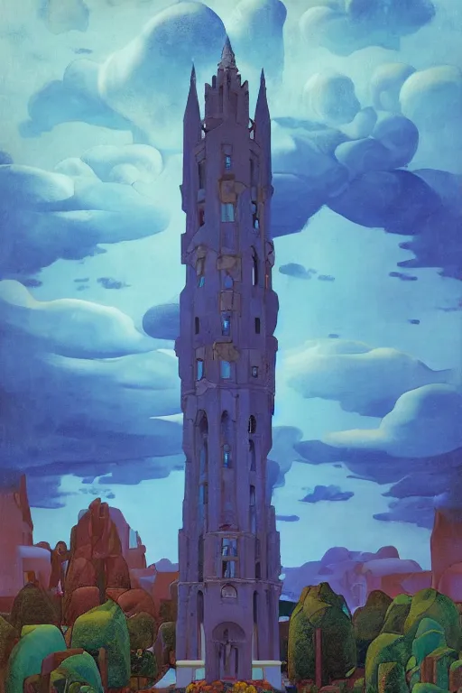 Image similar to view of the mysterious blue tower in its gardens after a storm, tall windows lit up, beautiful ornamental architecture, dramatic cinematic lighting, rich colors, by Nicholas Roerich and William Dyce and April Gornik and Caspar David Friedrich and Sylvain Sarrailh and Ludwig Deutsch and Diego Rivera, featured on artstation